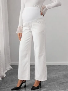 SHEIN Celana Jeans Kasual Serbaguna Model Lurus dengan Pinggang yang Dapat Diatur untuk Wanita Hamil - Putih - View 3