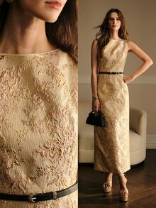 MOTF PREMIUM EXQUISITE JACQUARD LONG DRESS FOR WOMEN DINNER COCKTAIL CREAM ELEGANT - Gold - View 9