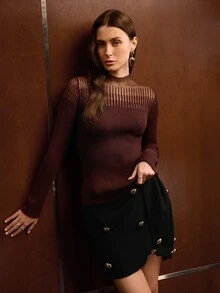 MOTF PREMIUM WOMEN'S STAND COLLAR LONG SLEEVE SLIM FIT VERSATILE SWEATER - Chocolate Brown - View 4