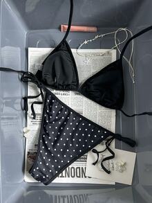SHEIN Swim 女款2件組掛脖三角比基尼套裝，熱帶可愛多色圓點印花，繫帶三角泳褲，優雅休閒海灘度假節日派對比基尼套裝，適合情人節 - 彩色 - 查看 3