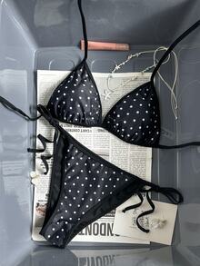 SHEIN Swim 女款2件組掛脖三角比基尼套裝，熱帶可愛多色圓點印花，繫帶三角泳褲，優雅休閒海灘度假節日派對比基尼套裝，適合情人節 - 彩色 - 查看 2