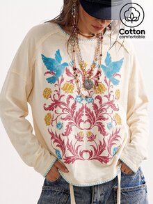 Bohemela Women's Floral Bird Print Round Neck Drop Shoulder Long Sleeve Casual Loose T-Shirt - Apricot - View 1