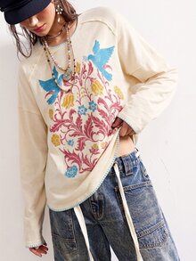 Bohemela Women's Floral Bird Print Round Neck Drop Shoulder Long Sleeve Casual Loose T-Shirt - Apricot - View 4