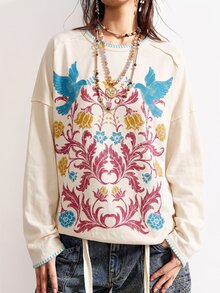 Bohemela Women's Floral Bird Print Round Neck Drop Shoulder Long Sleeve Casual Loose T-Shirt - Apricot - View 6