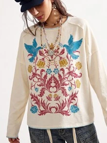 Bohemela Women's Floral Bird Print Round Neck Drop Shoulder Long Sleeve Casual Loose T-Shirt - Apricot - View 5