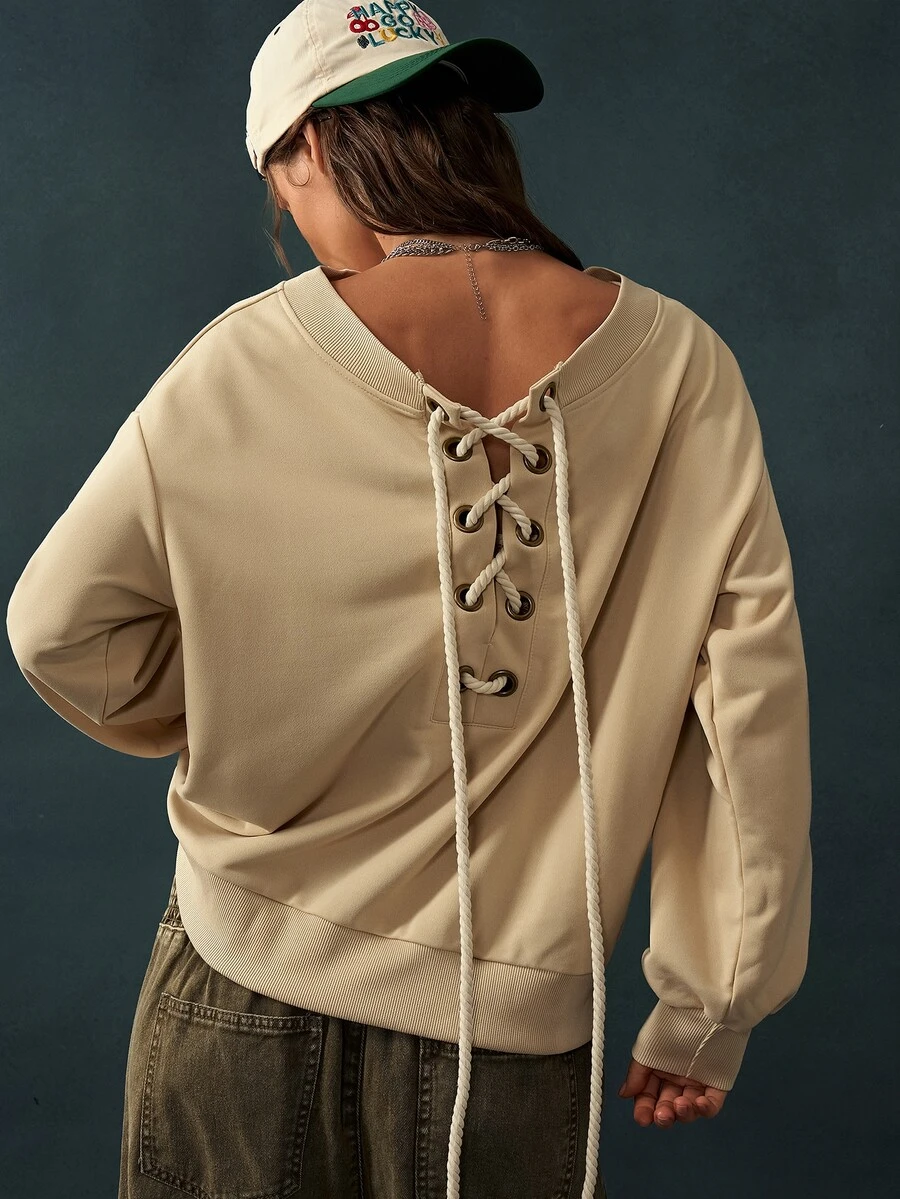 Bohemela Women's Round Neck Drawstring Tie Long Sleeve Solid Color Sweatshirt Everyday Beige Fall Casual 90s Retro Boho Streetwear Travel Cream - Apricot - View 1