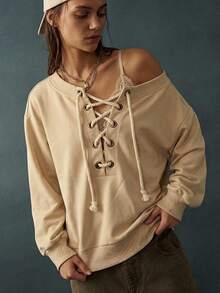 Bohemela Women's Round Neck Drawstring Tie Long Sleeve Solid Color Sweatshirt Everyday Beige Fall Casual 90s Retro Boho Streetwear Travel Cream - Apricot - View 4