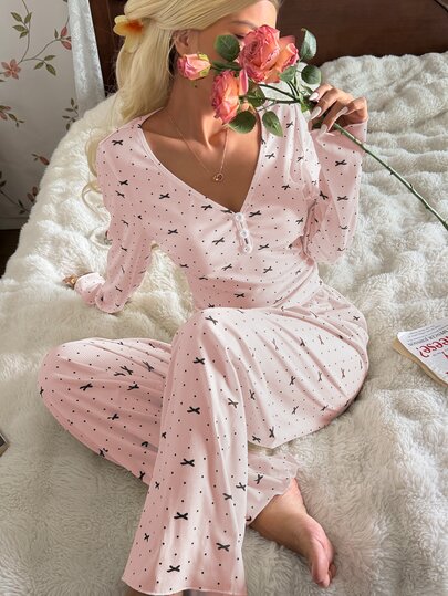 CottageSlumber Women's Casual Cute Fairy Bowknot Pink And Black Polka Dot Print V-Neck Slim Fit Long Sleeve Long Pants Pajama Set Sleep Autumn