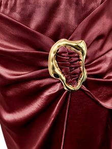 GlowEve New Woven Satin Ribbon Design Metal Buckle Elegant Daily Women's Skirt - Burgundy - View 5