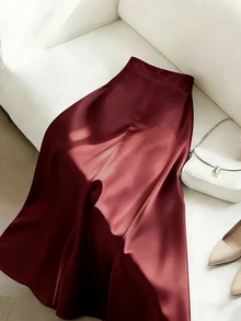 GlowEve New Woven Satin Ribbon Design Metal Buckle Elegant Daily Women's Skirt - Burgundy - View 2