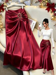 GlowEve New Woven Satin Ribbon Design Metal Buckle Elegant Daily Women's Skirt - Burgundy - View 1