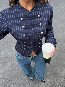 Siren Gaze Autumn/Winter New Navy Blue Napoleon Jacket For Women - Navy Blue - View 4