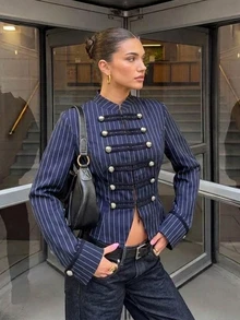 Siren Gaze Autumn/Winter New Navy Blue Napoleon Jacket For Women - Navy Blue - View 6