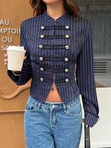 Siren Gaze Autumn/Winter New Navy Blue Napoleon Jacket For Women - Navy Blue - View 3