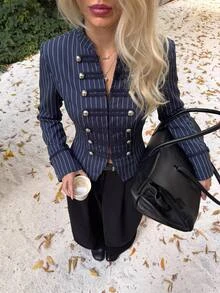 Siren Gaze Autumn/Winter New Navy Blue Napoleon Jacket For Women - Navy Blue - View 9