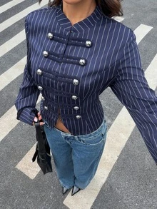 Siren Gaze Autumn/Winter New Navy Blue Napoleon Jacket For Women - Navy Blue - View 5