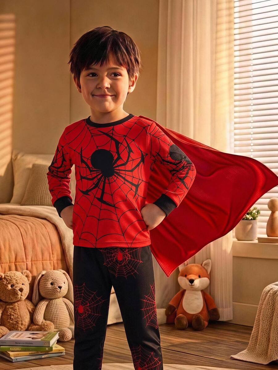 SHEIN Baby Boy Contrast Color Spider Asymmetric Print Crew Neck Long Sleeve Pullover Sweatshirt, Versatile Comfortable, College Sports Casual, Suitable For Spring Summer Autumn Winter, Slim Fit - Multicolor - View 1