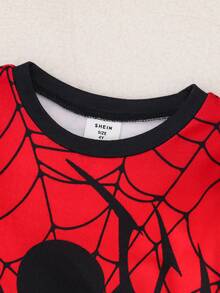 SHEIN Baby Boy Contrast Color Spider Asymmetric Print Crew Neck Long Sleeve Pullover Sweatshirt, Versatile Comfortable, College Sports Casual, Suitable For Spring Summer Autumn Winter, Slim Fit - Multicolor - View 5