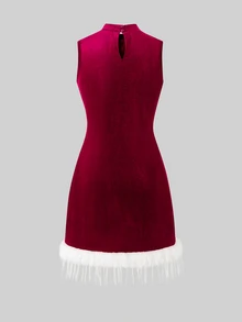 SHEIN Girls' Gradient Sequin & Feather A-Line Sleeveless Dress, Glamorous Party Dress With Shiny Sequin Effect - Burgundy - View 2