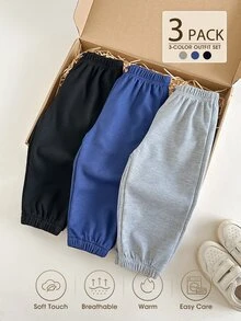 SHEIN 3件組男嬰慢跑長褲 可愛學院風 灰色海軍藍黑色 華夫格針織鈕扣彈性收口 常規版 戶外秋季保暖寬鬆工裝聖誕下裝 - 彩色 - 查看 3