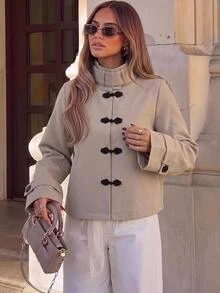 Siren Gaze Autumn/Winter New Chinese Style Frog Button Trench Coat For Women - Khaki - View 13
