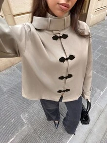 Siren Gaze Autumn/Winter New Chinese Style Frog Button Trench Coat For Women - Khaki - View 4