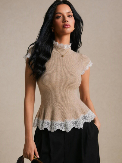 Poéselle Women's Contrast Lace Stand Collar Cap Sleeve Elegant Romantic Knit Top Brunch Beige Fall
