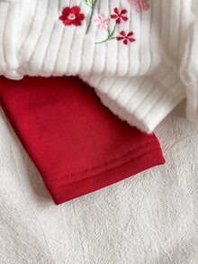 SHEIN 2件組女嬰針織開襟衫褲套裝，甜美白色紅兔花朵刺繡，長袖圓領，柔軟舒適，適合生日、秋季、聖誕，公主風羅紋針織 - 紅色 - 查看 8