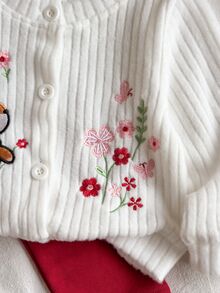 SHEIN 2件組女嬰針織開襟衫褲套裝，甜美白色紅兔花朵刺繡，長袖圓領，柔軟舒適，適合生日、秋季、聖誕，公主風羅紋針織 - 紅色 - 查看 7