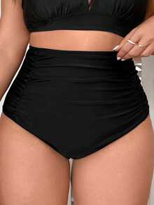 Swim Basics Summer Beach Plus Ruched High Waisted Bikini Bottom - Black - View 1