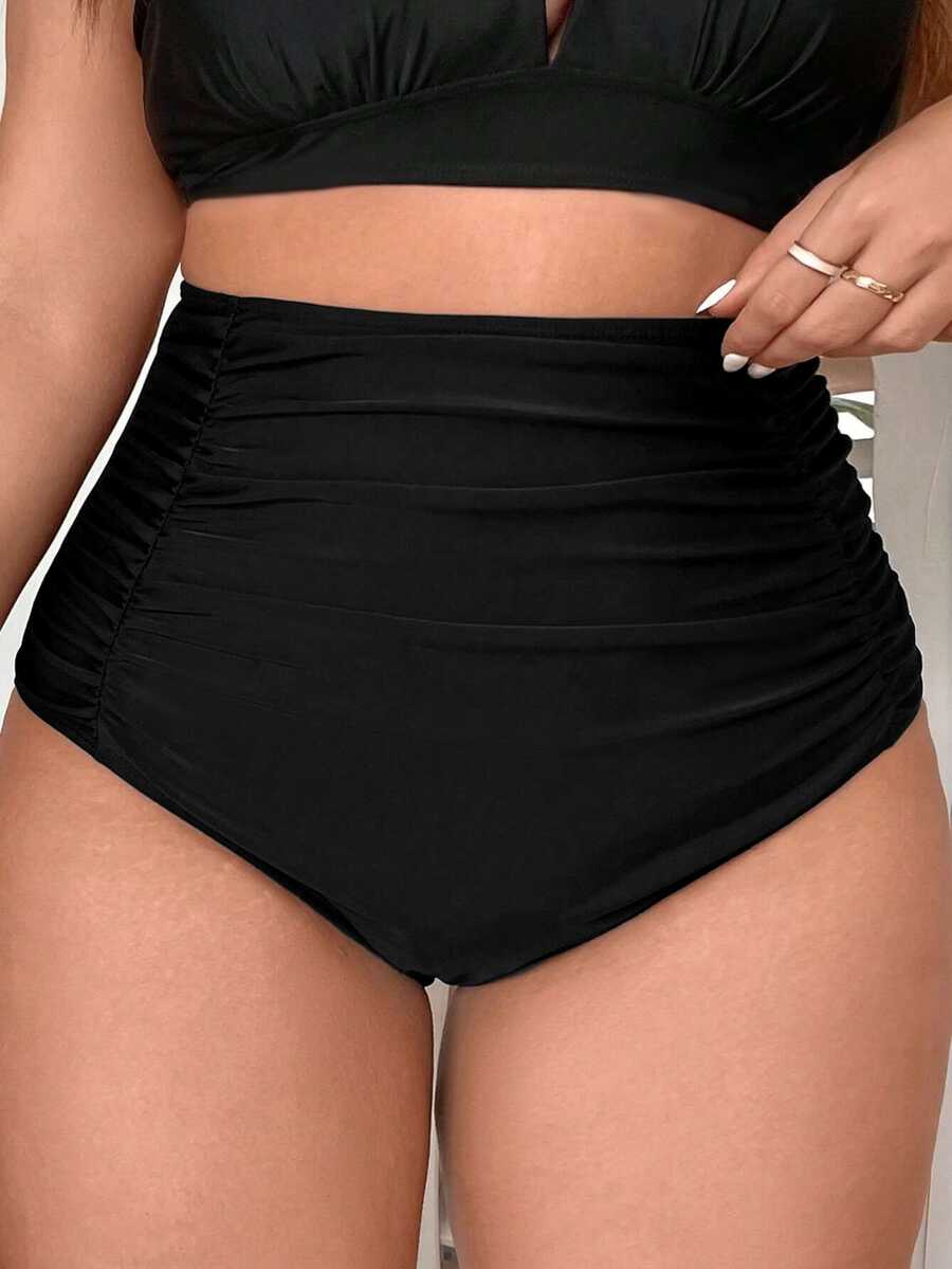 Swim Basics Summer Beach Plus Ruched High Waisted Bikini Bottom - Black - View 1