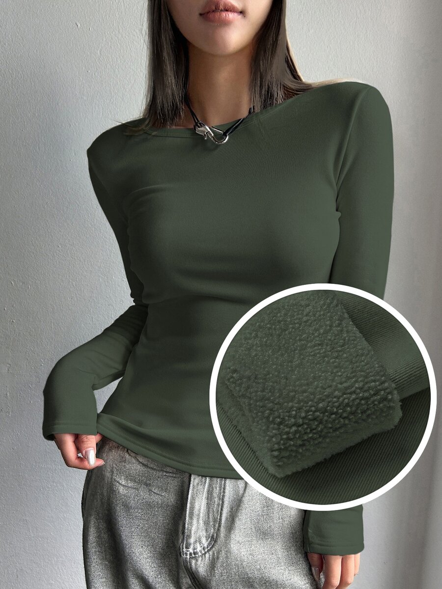 DAZY Solid Round Neck Thermal Tee Long Sleeve Women Tops,Thermal Lined Fall,Winter Fleece Lined - Army Green - View 1