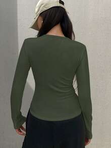 DAZY Solid Round Neck Thermal Tee Long Sleeve Women Tops,Thermal Lined Fall,Winter Fleece Lined - Army Green - View 5
