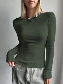 DAZY Solid Round Neck Thermal Tee Long Sleeve Women Tops,Thermal Lined Fall,Winter Fleece Lined - Army Green - View 3