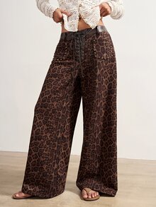 Bohemela Women's Leopard-Print Loose Wide-Leg Fashion Pants, Perfect For Fall Vacations, Music Festivals, Everyday Wear, Halloween, Parties, And Travel. - Brown - View 4