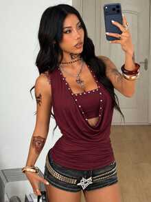 Coolane 女款秋季優雅派對約會之夜時尚休閒基礎款保暖柔軟舒適日常穿搭酒紅色修身純色鉚釘裝飾掛脖上衣 - 鏽棕色 - 查看 2
