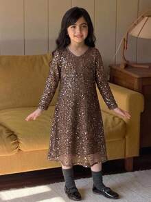 Dazy Kids Young Girl V-Neck Sequin Casual V-Neck Long Dress Fall - Khaki - View 6