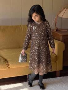 Dazy Kids Young Girl V-Neck Sequin Casual V-Neck Long Dress Fall - Khaki - View 1