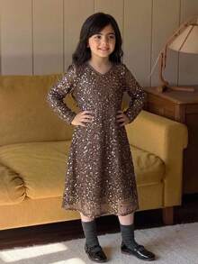 Dazy Kids Young Girl V-Neck Sequin Casual V-Neck Long Dress Fall - Khaki - View 5