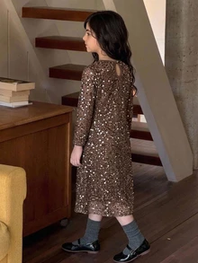 Dazy Kids Young Girl V-Neck Sequin Casual V-Neck Long Dress Fall - Khaki - View 2