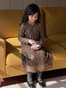 Dazy Kids Young Girl V-Neck Sequin Casual V-Neck Long Dress Fall - Khaki - View 3