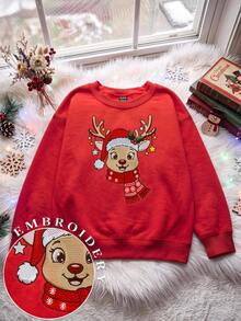SHEIN EZwear 秋冬新款聖誕馴鹿逼真刺繡圖案圓領長袖寬鬆加厚女款運動衫，適合假期、秋季上衣，適用日常通勤、約會、派對，秋冬夏季通用，聖誕節、新年、感恩節、派對、新年 - 紅色 - 查看 3