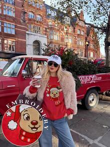 SHEIN EZwear 秋冬新款聖誕馴鹿逼真刺繡圖案圓領長袖寬鬆加厚女款運動衫，適合假期、秋季上衣，適用日常通勤、約會、派對，秋冬夏季通用，聖誕節、新年、感恩節、派對、新年 - 紅色 - 查看 6