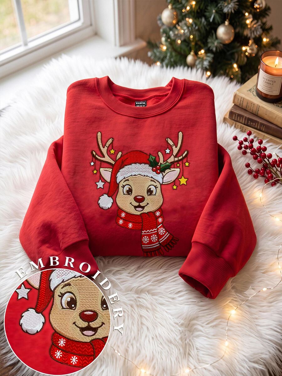SHEIN EZwear 秋冬新款聖誕馴鹿逼真刺繡圖案圓領長袖寬鬆加厚女款運動衫，適合假期、秋季上衣，適用日常通勤、約會、派對，秋冬夏季通用，聖誕節、新年、感恩節、派對、新年 - 紅色 - 查看 1