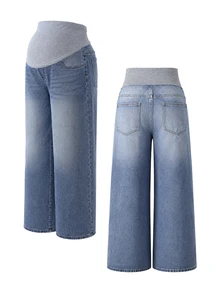 Momance Celana Jeans Hamil Minimalis Nyaman Model Lebar dengan Kantong - Medium Wash - View 8
