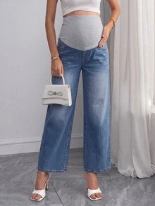 Momance Celana Jeans Hamil Minimalis Nyaman Model Lebar dengan Kantong - Medium Wash - View 1