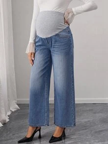 Momance Celana Jeans Hamil Minimalis Nyaman Model Lebar dengan Kantong - Medium Wash - View 3