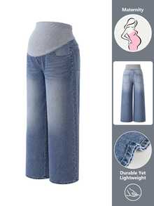 Momance Celana Jeans Hamil Minimalis Nyaman Model Lebar dengan Kantong - Medium Wash - View 5
