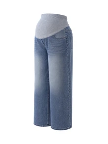 Momance Celana Jeans Hamil Minimalis Nyaman Model Lebar dengan Kantong - Medium Wash - View 7
