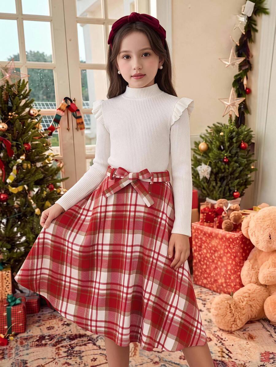 Tween Girl Christmas Outfit Set, Ruffle Trim Knit Top & Red Plaid Maxi Skirt 2pcs Holiday Clot - Red and White - View 1